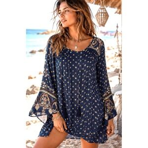 Angie Floral Bell Sleeve Pasley Mini Dress Size L Tassel Beach Boho Coastal Navy